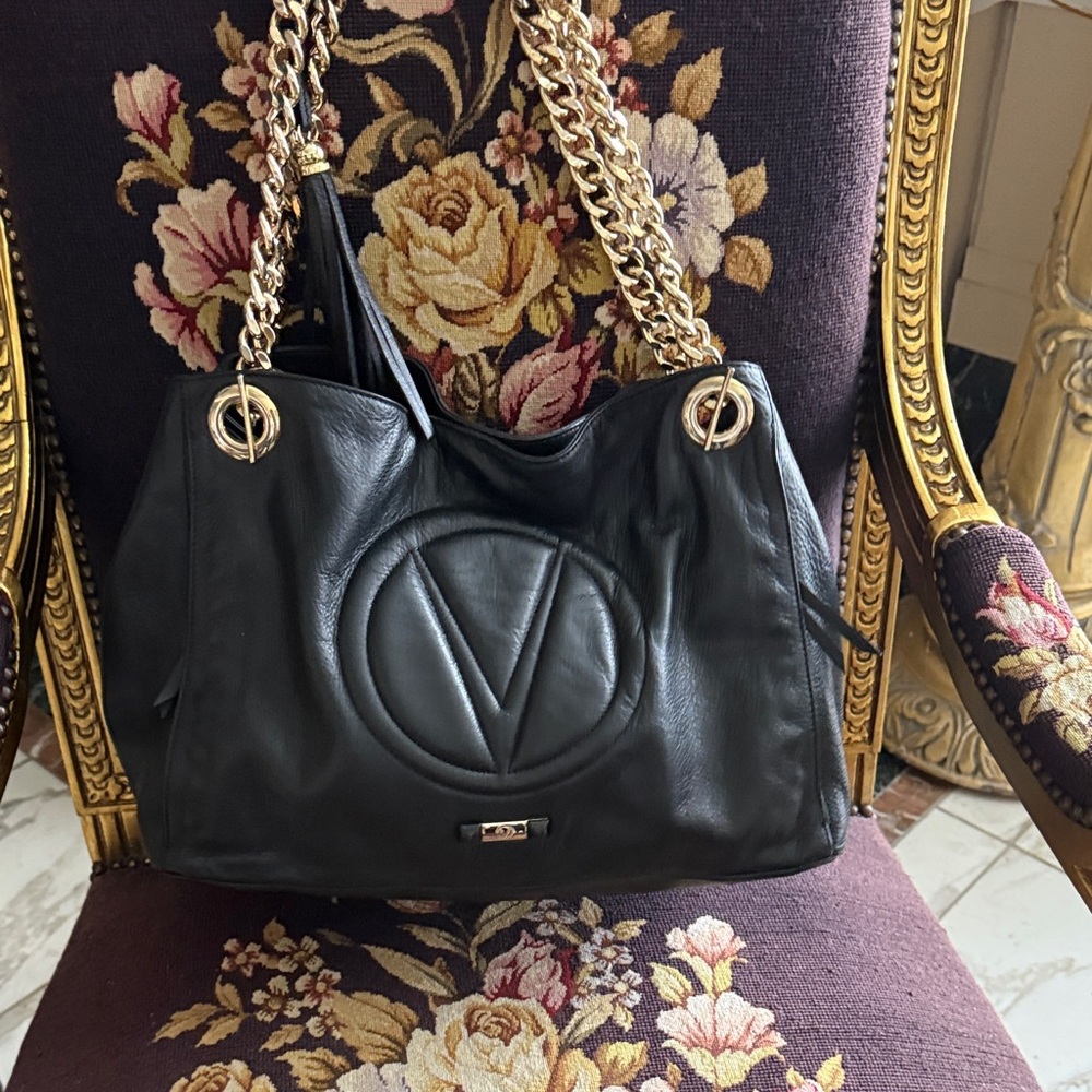 Valentino By Mario Valentino Black Shoulder Bag with Gold Chain